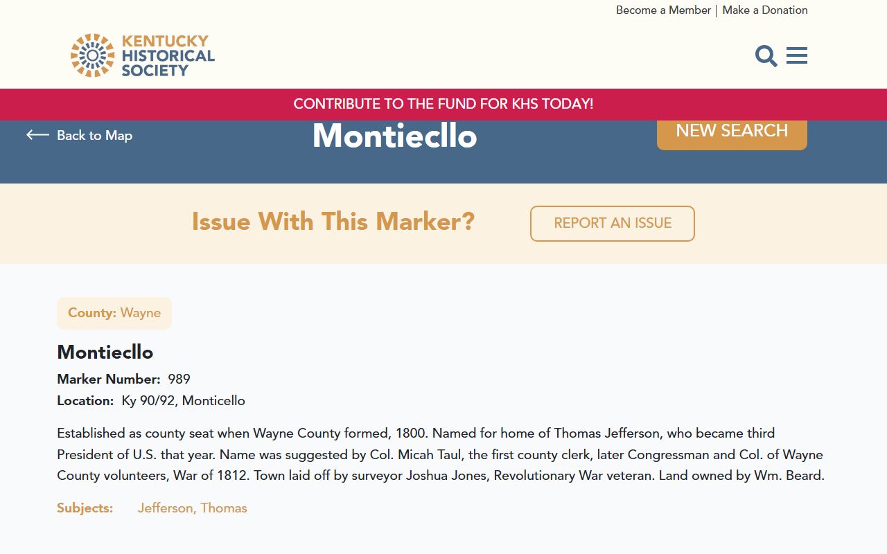 Wayne County Court records Monticello historical marker