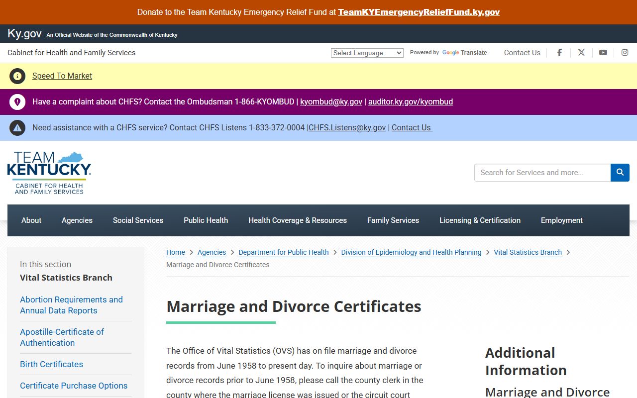Wayne County marriage and divorce records Kentucky OVS certificates